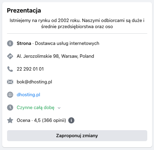 Wizytówka dhosting.pl w serwisie Facebook