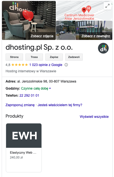 Wizytówka dhosting.pl w serwisie Google