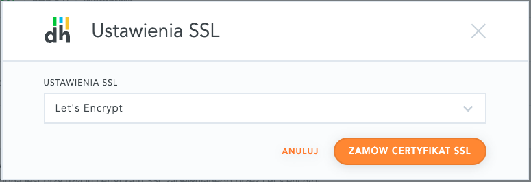 Okno aktywacji certyfikatu SSL w dhosting.pl