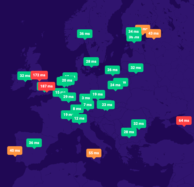 Czas odpowiedzi serwerów DNS thecamels w Europie