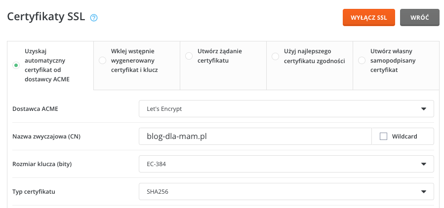 Okno aktywacji certyfikatu SSL w Hitme.pl