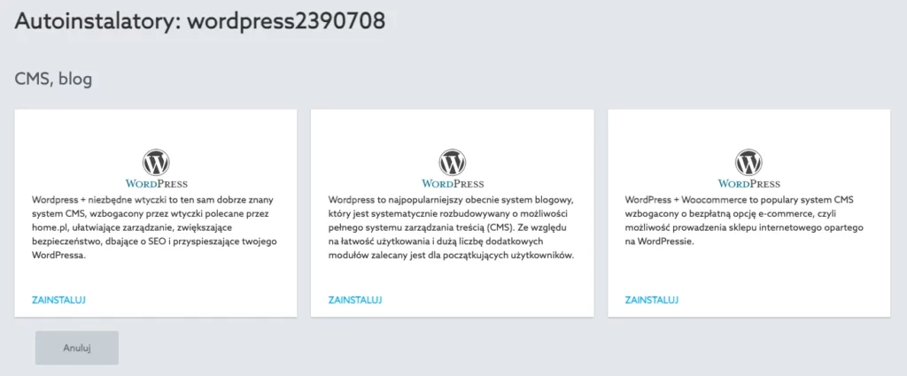 Instalator WordPressa w home.pl - widok ekranu głównego