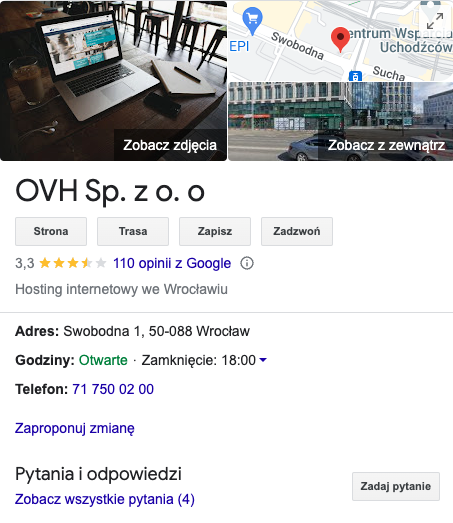 Wizytówka OVH w serwisie Google