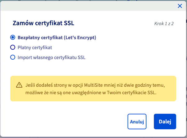 Okno aktywacji certyfikatu SSL w OVH
