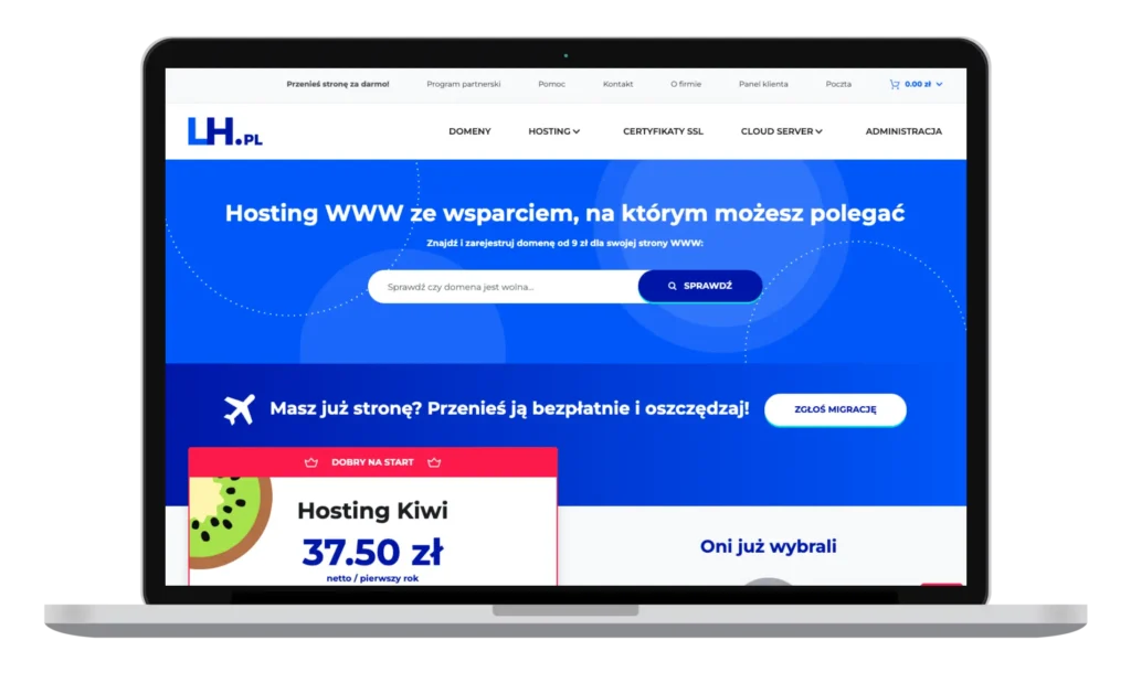 Laptop wyświetlający stronę ofertową LH.pl hosting wordpress