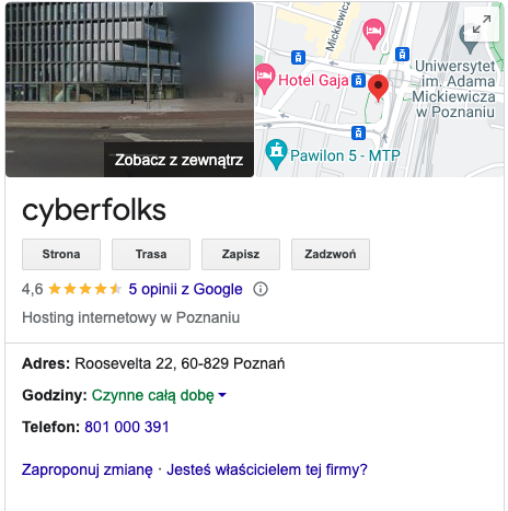 Wizytówka CyberFolks w serwisie Google