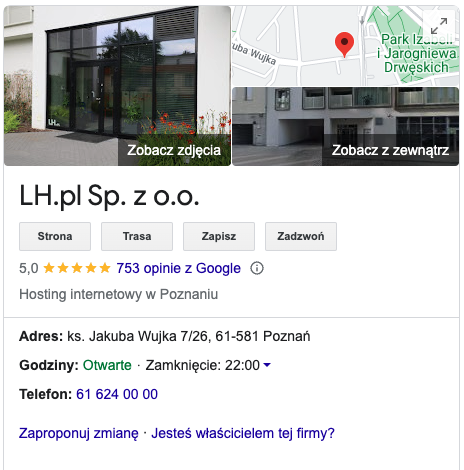 Wizytówka LH.pl w serwisie Google