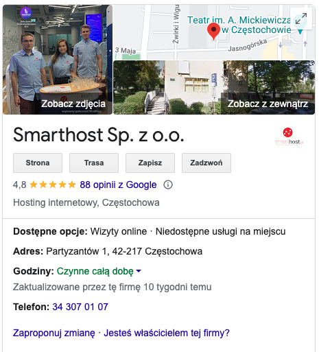 Wizytówka Smarthost w serwisie Google