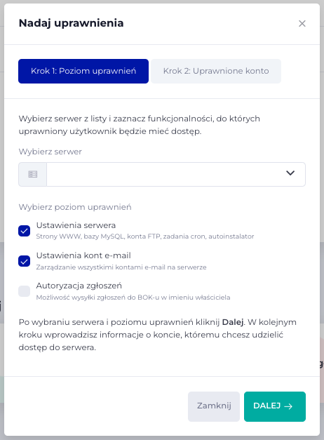 Okno nadania uprawnień do serwera w LH.pl