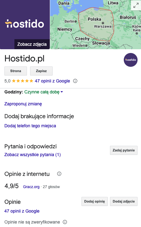 Wizytówka Hostido w serwisie Google