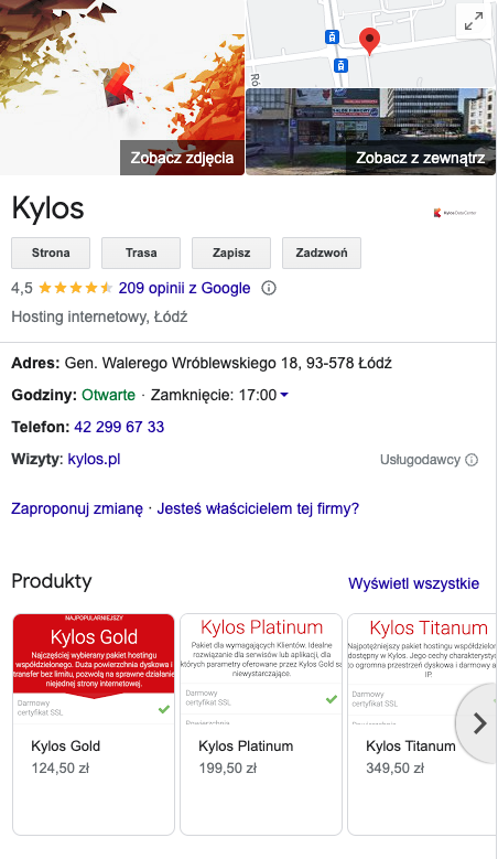 Wizytówka Kylos w serwisie Google