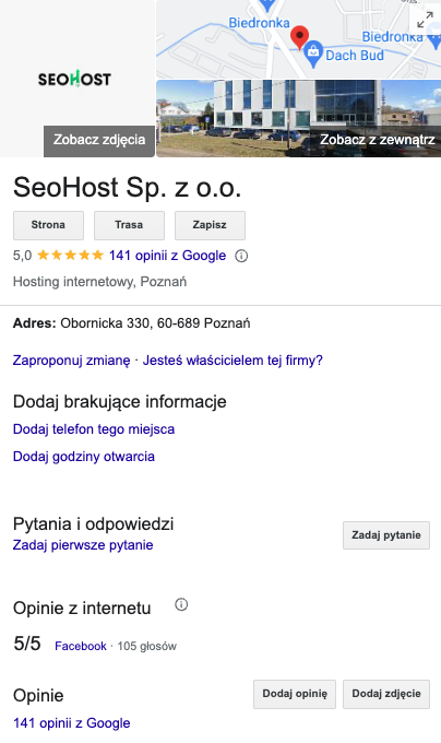 Wizytówka SeoHost w serwisie Google